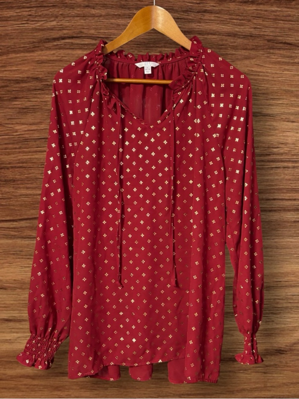 Time and Tru Red Long Sleeve Blouse With Gold Foil Print Designs